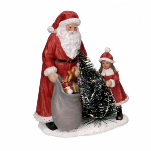 Statua resina babbo natale con bambina rosso con led cm 15x11h18,5