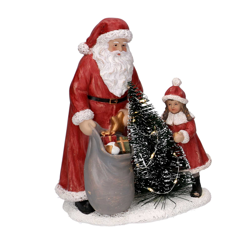 Statua resina babbo natale con bambina rosso con led cm 15x11h18,5