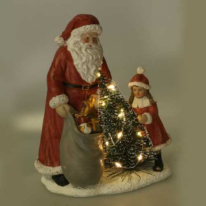 Zoom Statua resina babbo natale con bambina rosso con led cm 15x11h18,5