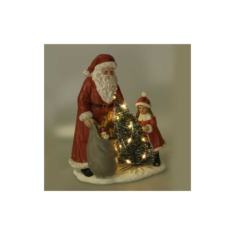 Statua resina babbo natale con bambina rosso con led cm 15x11h18,5