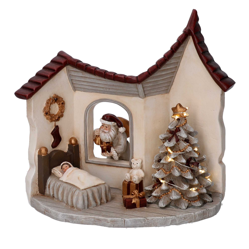 Statua resina casetta babbo natale grigio con led cm 18x11h17