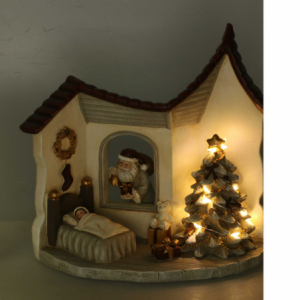 Zoom Statua resina casetta babbo natale grigio con led cm 18x11h17