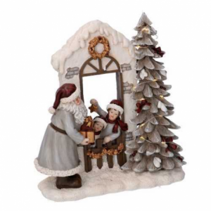 Zoom Statua resina babbo natale e bambini grigio con led cm 22x9,5h22,5