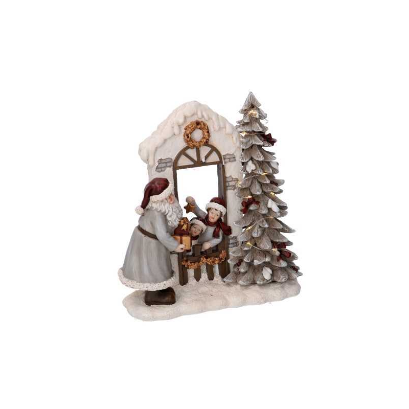 Statua resina babbo natale e bambini grigio con led cm 22x9,5h22,5